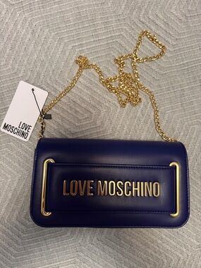Love Moschino Blue Leather Crossbody with Gold Chain and Logo